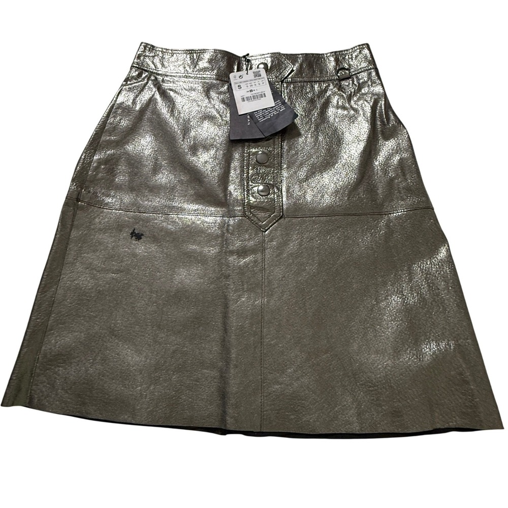 ZARA Metallic Leather Mini Skirt Womens Size S Silver A-Line Snap Front FLAW
